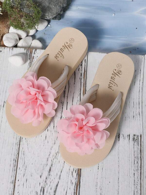 Fairy Style Flat Bottom Beach Women Slippers, Flower Decor Thick Sole Flip Flops For Summer