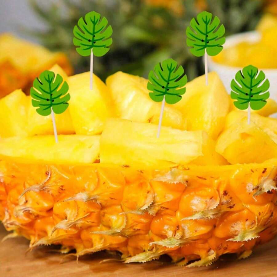 15pcs Tropical Monstera Leaf Picks, Fruit Skewers, Fancy Green Leaf Toothpicks, 4.7 Inch Bamboo Food Picks For Hawaiian Party - Green - View 1