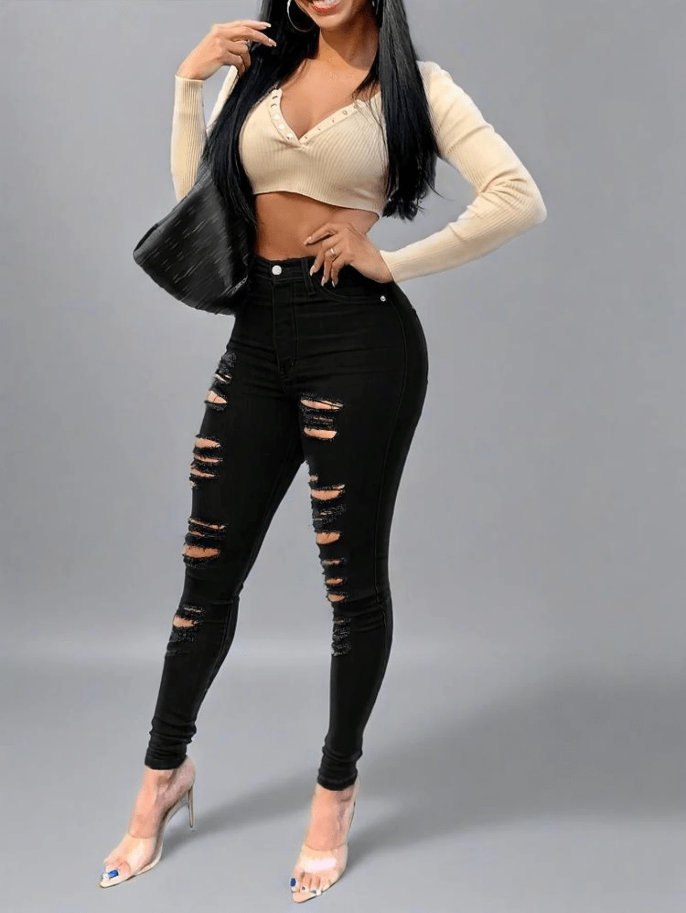 Women's Stretch Skinny Ripped Distressed Denim Regular,Summer Outfits For Women - 黑色 - 查看 1