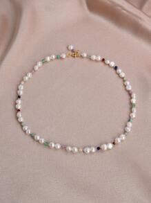 1pc 18K Gold Plated Natural Pearl & Colorful Gemstone Necklace, Fashionable Jewelry Suitable For Women, Daily Wear, Valentine's Day, Mother's Day, Birthday, Engagement, Wedding, Bridal Gift - Multicolor - View 6