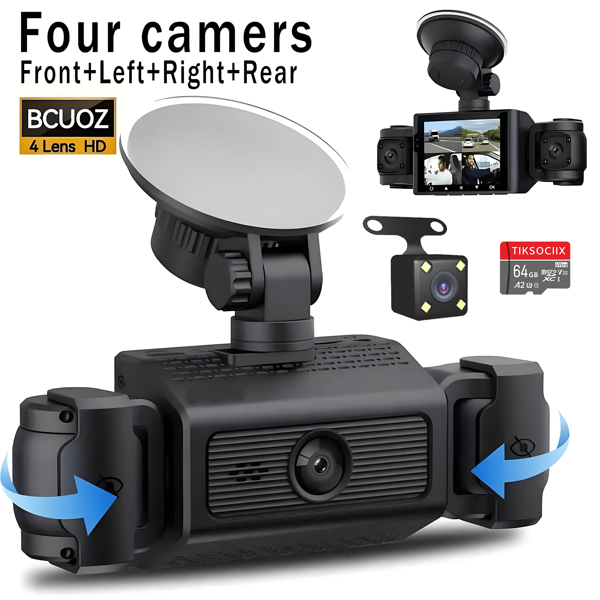 Caméra embarquée 4 canaux 1080P avec vision nocturne, objectif réglable, enregistrement en boucle, surveillance du stationnement 24h/24, alimentation par prise de voiture, tension de fonctionnement 5V, non étanche, batterie rechargeable, option de carte 64 Go incluse