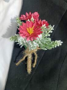 1 件男女通用菊花多肉植物植绒白霜绿叶派对婚礼伴娘伴郎胸花，清新花卉翻领别针 - 彩色 - 查看 2