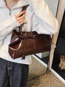 1 件装女士大容量手提包，PU 皮革单肩包，休闲经典简约设计师商务风格托特包，时尚女士通勤包，可选颜色：黑色、白色、棕色、银色、复古色 - 咖啡 - 查看 3