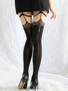 1 Pair Sexy Contrast Red Edge Thigh High Stockings With Garter Belt