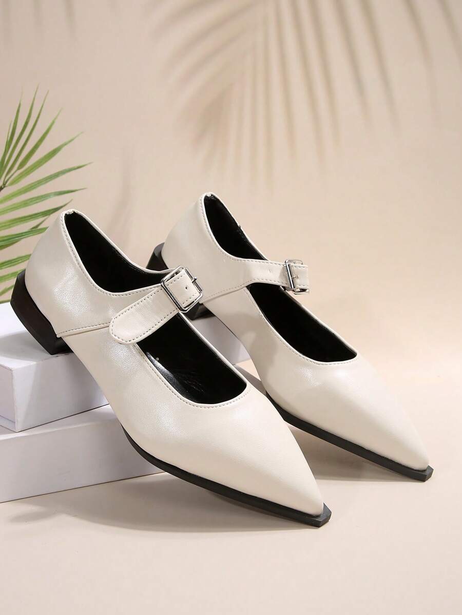 Women's Summer/Spring Pointed Toe Fashion Leather Slip-On Loafers, Buckle Decor Comfortable Low Heel Flats, Vintage Chunky Heel Mary Janes - Beige - View 1