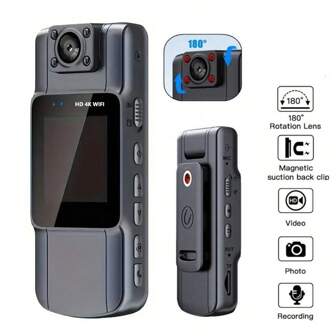 1 件 1080p 摄像机迷你磁性手机带屏幕观看警察便携式摄像机高清 180 录像机夜视摄像机夜视功能适用于户外运动骑行/执法证据摄像机。