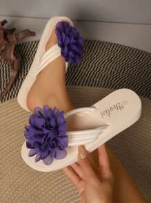 Gorgeous Purple Flower - Embellished White Slide Sandals - Purple - View 1