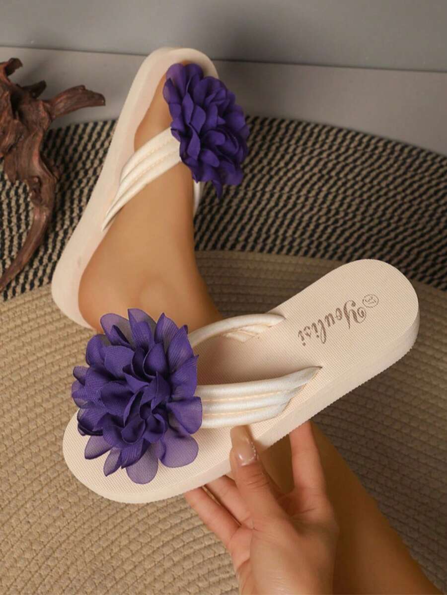 Gorgeous Purple Flower - Embellished White Slide Sandals - Purple - View 1