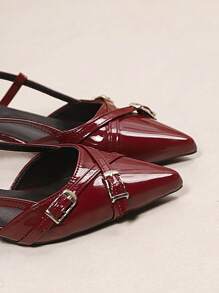 Women's Outdoor Commuting Pointed Toe Buckle Decor Cross Strap Wine Red Back Strap Slim High Heel Pumps