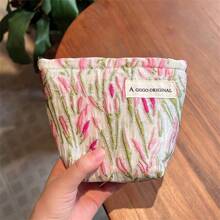1pc Pink Tulip Pattern Makeup Bag, Large Capacity Skincare Storage Cosmetic Organizer Pouch For Women