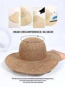 1pc Versatile Foldable Straw Hat, Women Summer Outdoor Sun Protection Hat, Korean Style Vacation Beach Hat, Fashionable - Khaki - View 7
