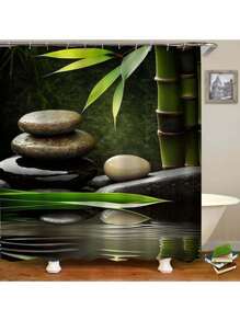 1 件/4 件带挂钩的竹子和石头图案浴帘 - 防水可洗涤纶面料，适合所有季节和节假日 - 浴室装饰
