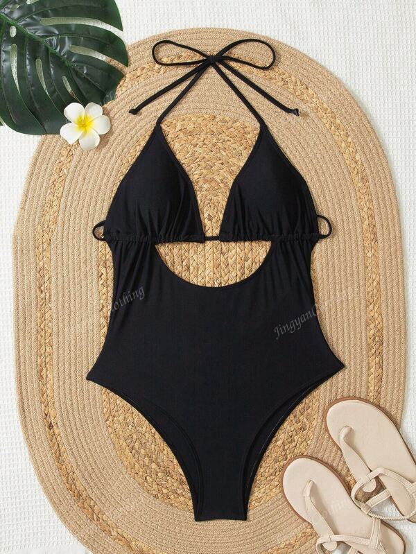 New Women One-Piece Swimsuit, Conservative & Simple Black Nylon One-Piece Swimwear, Tummy Control, Hollow Lace-Up Design, Suitable For Vacation, Party, Swimming