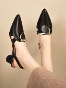 Women's Pointed Toe Chunky Heeled Sandals, 2024 New Summer Stylish & Versatile Closed Toe Soft Leather Mid Heel Shoes