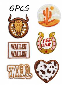 1 set de 2/6 piezas Parches bordados de la serie vaquera del oeste, insignias de poliéster, accesorio decorativo para sombreros de camionero, pegatinas para ropa, parches para planchar o coser, adecuados para mochilas, vaqueros, chaquetas, vestidos, etc. - Triturar - Ver 12