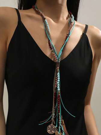 1st Bohemian Tofs Långt halsband, Blå Turkos & Rosa Flerfärgat Boho Country Style Halsband, Fashionabla enkla smycken för kvinnor för semester, Dansfest, Tröjakedja