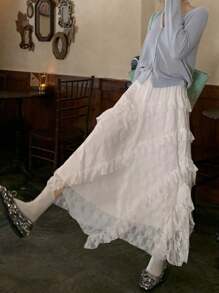 复古拼接不对称荷叶边蕾丝A字裙，高腰显瘦纯色百搭半身裙，2026春夏款 - 白色 - 查看 7