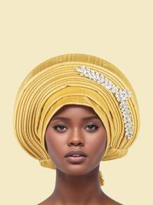 1pc Women's Headscarf, Handmade African Style Shiny Silk Layered Solid Color Rhinestone Heavy Industry Pullover Hat, Fashionable And Comfortable Headscarf Hat