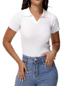 GEREARC Women's Casual Ribbed Notched Neck Short Sleeve T-Shirt - 白色 - 查看 2
