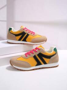 女士天鹅绒面板系带前厚运动鞋，秋季新款轻便厚底运动鞋，户外运动风格学生鞋 - 彩色 - 查看 4