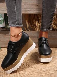 女士纯色系带方头厚底坡跟鞋，适合所有季节 - 黑色 - 查看 4