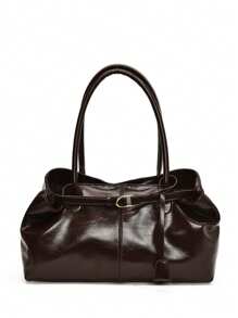 1 件装女士大容量手提包，PU 皮革单肩包，休闲经典简约设计师商务风格托特包，时尚女士通勤包，可选颜色：黑色、白色、棕色、银色、复古色 - 咖啡 - 查看 2