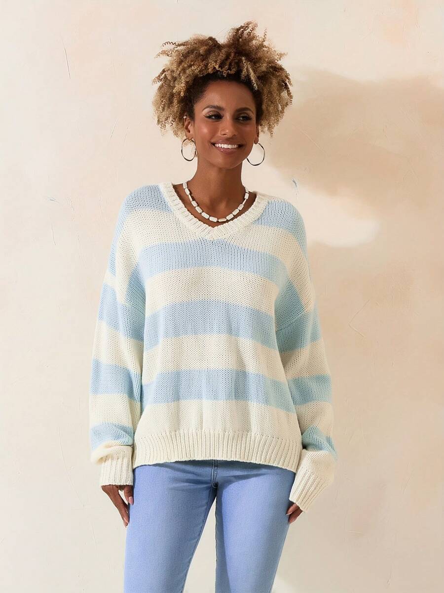Women's Loose One-Shoulder Long-Sleeved Off-Shoulder Sweater Striped Knit Color Casual Pullover - Màu xanh da trời - Xem 1