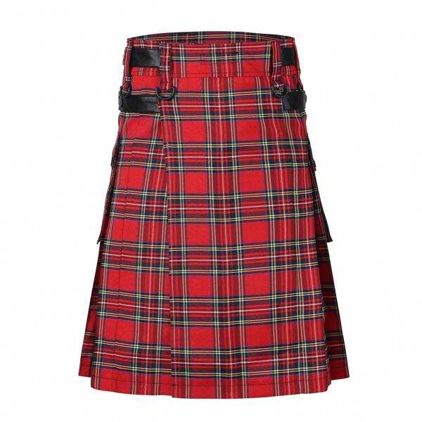 European & American Hot-Selling Men's Spring Scottish Festival Tartan Pleated Kilt, Red Plaid, Traditional Holiday Essential, Suitable For Halloween, Costume, Parties