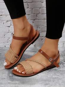 New Euro/US Design Woven Plus Size Women Sandals, Ladies Flat Beach Slippers For Summer - Khaki - View 2