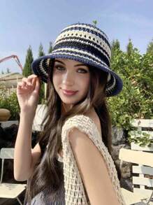 1 件女士拼色夏季新款简约时尚百搭休闲优雅镂空防晒渔夫帽，适合户外旅行、散步、购物、夏季沙滩装 - A - 查看 14