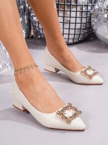 Women's Low-Heel Flats, Fashion Crystal Button Pointed Toe Soft Ballerina Shoes, White, Suitable For Dresses, Suits, Commute And Work - White - View 6