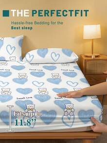 1pc Cute Cartoon Bear Heart Geometric Blue Bear Print Brushed Fitted Sheet, Bedroom Printed Bed Cover, Mattress Cover, Mattress Protector, Dust Cover, Bedding (Excluding Pillow Case) - Multicolor - View 4