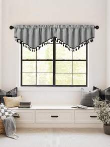 1pc V-Shaped Valance With Black Tassels, Japanese Minimalistic Style Faux Linen Voile Curtain Panel, Suitable For Living Room, Bedroom, Kitchen Windows And Doors, Room Divider