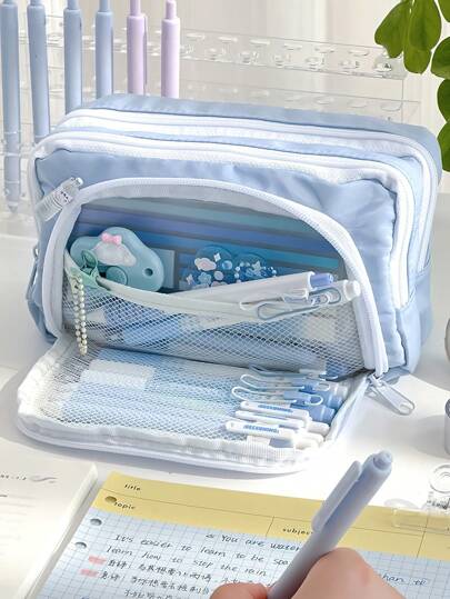 1pc Stationery Bag Cream Color Pencil Case Large Capacity 3 Compartments Storage Pouch For Office School Student , Back To School Gifts