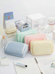 1 pieza Bolsa de papelería Estuche de lápices de color crema de gran capacidad con 3 compartimentos de almacenamiento P para estudiantes de oficina y escuela, regalos de vuelta a clases - Multicolor - Ver 9