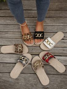 Sandalias de verano para mujer con suela de cuerda, cadena con hebilla de metal, estilo de vacaciones, cómodas con suela gruesa, estampado de playa, esencial para vacaciones - Blanco - Ver 8