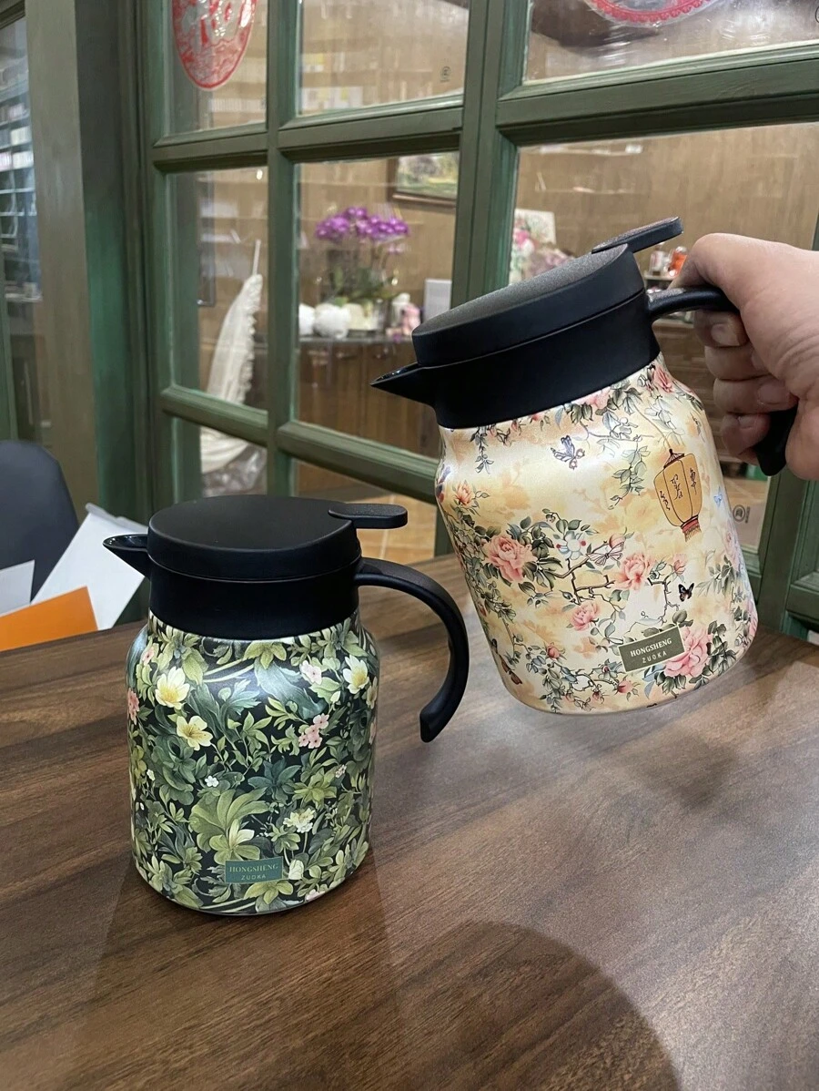 1 件 1000 毫升时尚花卉不锈钢双层真空隔热咖啡/茶壶,适用于办公室、餐厅、茶馆、户外和类似场合,是圣诞节、情人节、母亲节的绝佳礼物 - 彩色 - 查看 1
