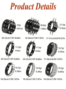 Punk Spiked Studded Bracelets Punk Leather Rivets Bracelet Cuff For Men Women Punk Rock Studded Bracelet Set, Black Leather Rivet Punk Bracelet Cuff Wrap Bangle Snap Button Metal Wristband & Gifts - Black - View 3