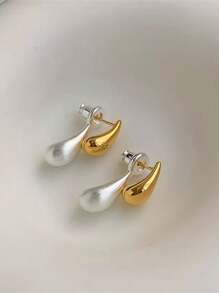 独家限量款优雅金属水滴形前后耳环，时尚简约百搭女士耳环，泪滴造型圣诞礼物 - 金色 - 查看 2