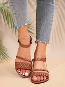 Plus size vävda platta sandaler för kvinnor, europeisk och amerikansk stil, strandtofflor för damer sommar - Brun - Visa 4