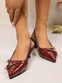 Women's Outdoor Commuting Pointed Toe Buckle Decor Cross Strap Wine Red Back Strap Slim High Heel Pumps