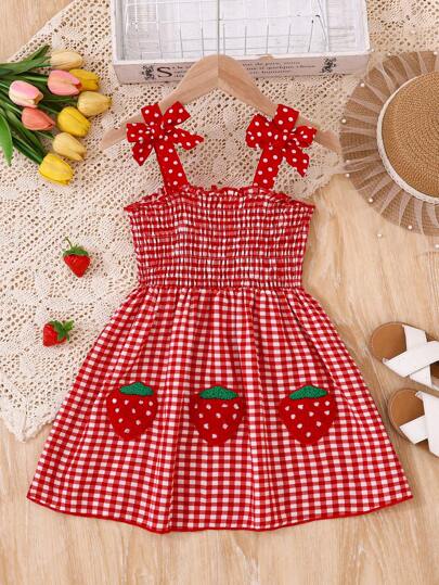 Young Girl Fashionable, Sweet Style Cute Strawberry & Patch Off Shoulder Spaghetti Strap Dress, Suitable For Party, Casual, Vacation, Outing, Home Wear, Summer