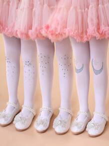 3pcs Girls' White Mesh Tights, Elastic Breathable Leggings, With Star & Moon Pattern, Icy Crystal Rhinestone, Suitable For Spring & Summer - Multicolor - View 1