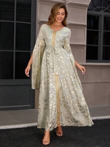 Women's Muslim Robe Ramadan Eid Party Robe Chiffon Gilded Flowers Embroidery Gold Lace Long Sleeve Floor Length Dress (With Belt) - Green - View 6