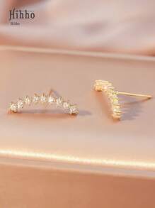 Hihho 2pcs Elegant Refined Long Tassel Encrusted Cubic Zirconia, Minimalist Luxury Jewelry Arc Earring Studs, Suitable As Fashionable Jewelry For Women - Yellow Gold - View 3