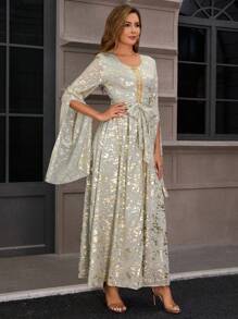 Women's Muslim Robe Ramadan Eid Party Robe Chiffon Gilded Flowers Embroidery Gold Lace Long Sleeve Floor Length Dress (With Belt) - Green - View 3