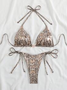 Snakeskin Print Sexy Bikini Set Swimwear, Tight Fitting Low-Back Spaghetti Strap Two-Piece Swimwear, For Summer Beach Vacation