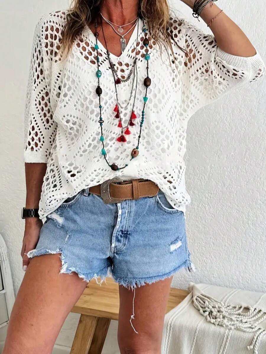 Plus Size Women V-Neck Batwing Crocheted Cover Up - Lightweight, Hollow-Out Design, Suitable For Spring/Summer Vacation, Thin Casual Solid Color - White - View 1