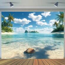 1 Piece Tropical Beach Background, Ocean Coconut Tree Design, 100% Polyester - Perfect For Indoor/Outdoor Decoration, Events, Gardens And Family Celebrations