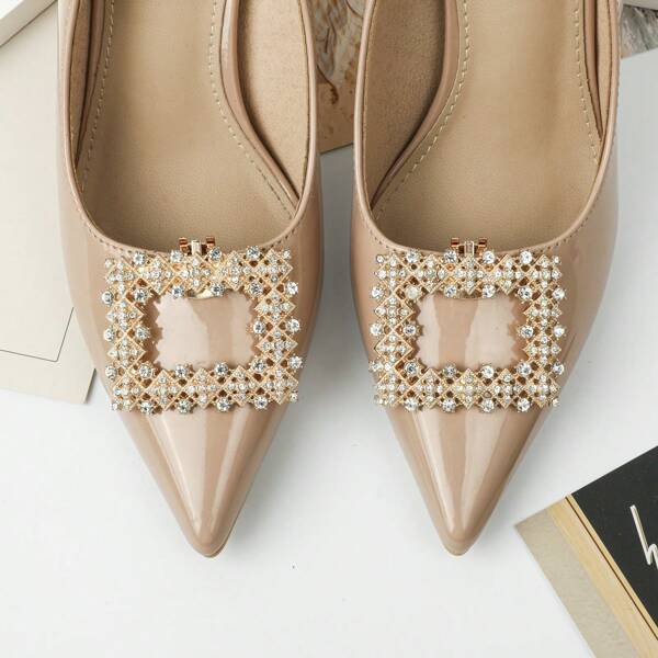 1 Pair (2pcs) Faux Crystal White And Gold Metal Square Buckle Detachable DIY Shoe Clips, Fashion Elegant Shoe Decorations For Heels, Pumps, Business/Office, Wedding Bridal Shoes
